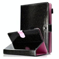Per tablet da 10 pollici, vernice, polvere glitterata, custodia in pelle a ribaltamento orizzontale con supporto e slot per schede (nero)