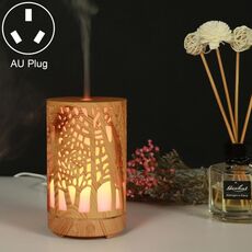 200ml Hollow-out Forest Pattern Macchina per aromaterapia con olio essenziale in legno Umidificatore ad ultrasuoni Spruzzatore automatico di alcol, Spina Specifica: Spina AU (Marrone chiaro-3)