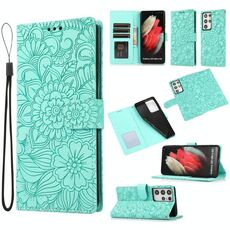 Per Samsung Galaxy S21 Ultra 5G Skin Sent'eature in rilievo girasole in rilievo Custodia in pelle orizzontale con supporto e carte e portafoglio e cordino (verde)