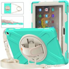 Per Amazon Kindle Fire HD 10 2021 Custodia protettiva in silicone + PC con supporto e tracolla (verde menta)