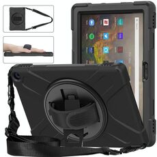Per Amazon Kindle Fire HD 10 2021 Custodia protettiva in silicone + PC con supporto e tracolla (nero)