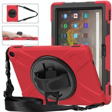 Per Amazon Kindle Fire HD 10 2021 Silicone + custodia protettiva PC con supporto e tracolla (rosso)