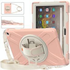 Per Amazon Kindle Fire HD 10 2021 Custodia protettiva in silicone + PC con supporto e tracolla (oro rosa)