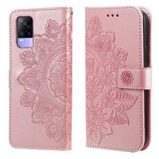 Per vivo v21e 7-petal fiori modello goffratura modello orizzontale flip custodia in pelle PU con titolare e slot per schede e portafoglio e cornice per foto (oro rosa)