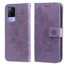 Per vivo v21e 7-petal fiori in goffratura modello flip orizzontale flip custodia in pelle PU con supporto e carte slot e portafoglio e cornice fotografica (viola chiaro)