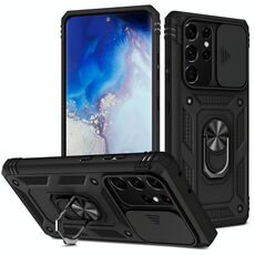 Per Samsung Galaxy S21 Ultra 5G Coperchio della fotocamera scorrevole Design TPU + custodia protettiva PC con supporto rotante a 360 gradi e slot per schede (nero + nero)