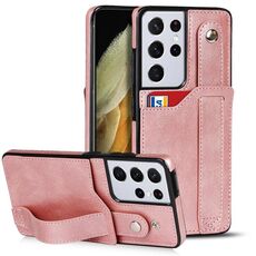 Per Samsung Galaxy S21 Ultra 5G Crazy Horse Texture antiurto TPU + custodia in pelle PU con slot per carte e supporto per cinturino da polso (oro rosa)