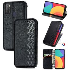 Per ALCATEL 1S 2021 Griglia cubica pressata con pressatura orizzontale flip magnetico custodia in pelle PU con supporto e carte e portafoglio (nero)