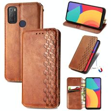 Per Alcatel 1s 2021 Griglia cubica pressata con pressatura orizzontale flip magnetico custodia in pelle di PU con supporto e carte slot e portafoglio (Brown)