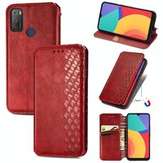 Per Alcatel 1s 2021 Griglia cubica pressata con pressatura orizzontale flip in pelle PU magnetica in pelle con supporto e carte slot e portafoglio (rosso)