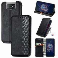 Per Asus Zenfone 8 flip griglia cubica pressata orizzontale flip magnetico custodia in pelle PU con supporto e carte e portafoglio (nero)