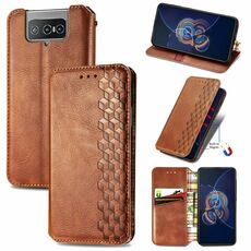 Per Asus Zenfone 8 flip griglia cubica pressata flip orizzontale flip magnetico custodia in pelle di PU con supporto e carte e portafoglio (marrone)
