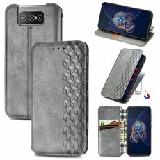 Per Asus Zenfone 8 flip griglia cubica pressata orizzontale flip magnetico custodia in pelle PU con supporto e carte slot e portafoglio (grigio)