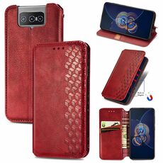 Per Asus Zenfone 8 flip griglia cubica pressata flip orizzontale flip magnetico custodia in pelle PU con titolare e slot per schede e portafoglio (rosso)