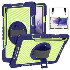 Per Samsung Galaxy Tab S7 FE T730 / T735 / TAB S7 + T970 / T975 360 gradi Rotazione a contrasto Colore antiurto antiurto + custodia per PC con supporto e manopola con impugnatura e tracolla (navy + giallo verde)