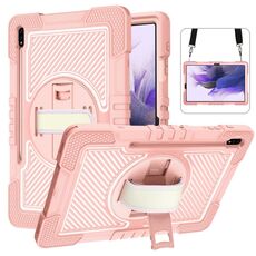 Per Samsung Galaxy Tab S7 FE T730 / T735 / TAB S7 + T970 / T975 360 gradi Rotazione a contrasto Colore Antifondo antiurto + Cassa del PC con supporto e cinghia a presa e tracolla (oro rosa)