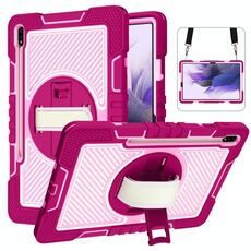 Per Samsung Galaxy Tab S7 FE T730 / T735 / Tab Tab S7 + T970 / T975 S7 + T970 / T975 Rotazione a 360 gradi Colore a contrasto Silicone antiurto + custodia per PC con supporto e cinghia a punta e tracolla (Rosa rossa + rosa)