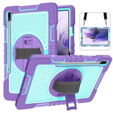 Per Samsung Galaxy Tab S7 FE T730 / T735 / Tab Tab S7 + T970 / T975 360 gradi Rotazione a contrasto Colore antiurto antiurto antiurto + custodia per PC con supporto e cinghia a presa a mano e tracolla (viola + menta verde)