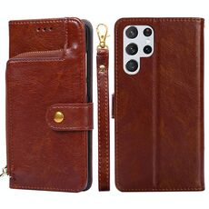 Per Samsung Galaxy S22 Ultra 5G borsa con cerniera PU + TPU Custodia in pelle flip orizzontale con supporto e carta Slot & Portafoglio e cordino (marrone)