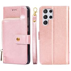 Per Samsung Galaxy S22 Ultra 5G borsa con cerniera PU + TPU Custodia in pelle flip orizzontale con supporto e carta Slot & Portafoglio e cordino (oro rosa)