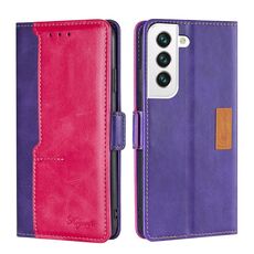 Per Samsung Galaxy S22 + 5G trama retrò contrasto colore fibbia laterale orizzontale flip custodia in pelle con supporto e carte slot e portafoglio (viola + rosa rossa)