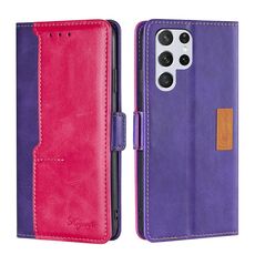 Per Samsung Galaxy S22 Ultra 5G trama retrò contrasto colore fibbia laterale orizzontale flip custodia in pelle con supporto e carte slot e portafoglio (viola + rosa rossa)