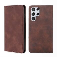 Per Samaung Galaxy S22 Ultra 5G Sensazione della pelle magnetica in pelle flip orizzontale con supporto e slot per schede (marrone scuro)
