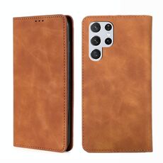 Per Samaung Galaxy S22 Ultra 5G Pelle Sensazione della pelle MAGNETICA in pelle flip orizzontale con supporto e slot per schede (marrone chiaro)