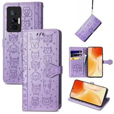 Per Vivo X70 Pro Bella gatto e cane Embossing Pattern Gembito orizzontale Cassa del telefono in pelle con supporto e carte Slot & Portafoglio & Cartoon Chiusura & Lanyard (viola)