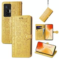 Per vivo x70 pro adorabile gatto e cane goffratura modello orizzontale flip custodia in pelle con titolare e carte slot e portafoglio e cartone animato chiusura e cordino (giallo)