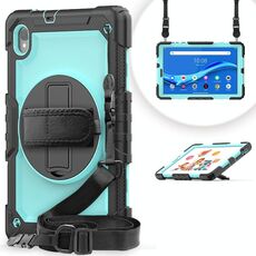 Per Lenovo Tab M10 HD TB-X306X Antifurto colorato in silicone + PC Cassa del tablet protettiva con supporto e tracolla e cinturino a mano (Black Light Blue)
