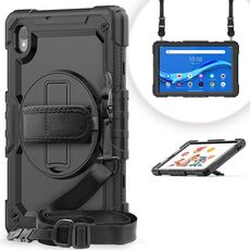 Per Lenovo Tab M10 HD TB-X306X Antifurto colorato in silicone + custodia protettiva per tablet protettiva con supporto e tracolla e cinturino a mano (nero)
