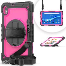 Per Lenovo Tab M10 HD TB-X306X Antifondo antiurto Silicone + PC Cassa del tablet protettiva con supporto e tracolla e cinturino a mano (rosa rossa)