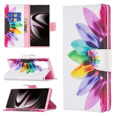 Per Samsung Galaxy S22 Ultra 5G colorato modello disegno orizzontale flip custodia in pelle con supporto e carte e portafoglio (fiore del sole)