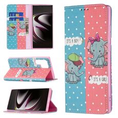 Per Samsung Galaxy S22 Ultra 5G colorato disegno colorato modello invisibile magnetico orizzontale flip custodia in pelle con supporto e carta slot e portafoglio (elefante)