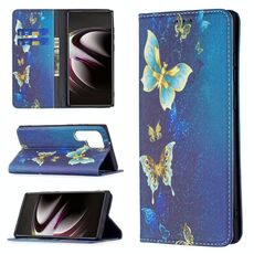 Per Samsung Galaxy S22 Ultra 5G colorato disegno modello di disegno magnetico invisibile flip custodia in pelle flip con supporto e carte slot e portafoglio (farfalla d'oro)