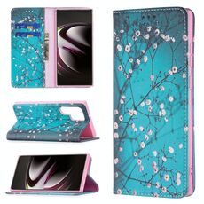 Per Samsung Galaxy S22 Ultra 5G colorato disegno colorato modello invisibile magnetico orizzontale flip custodia in pelle con supporto e carte slot e portafoglio (Plum Blossom)