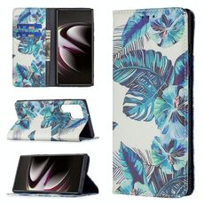 Per Samsung Galaxy S22 Ultra 5G colorato modello di disegno in modo invisibile in pelle orizzontale a flip orizzontale con supporto e carte e portafoglio (foglia blu)