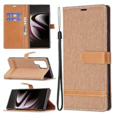 Per Samsung Galaxy S22 Ultra 5G Colour Colour Denim Texture Case in pelle con supporto e carte Slot & Portafoglio e cordino (Brown)
