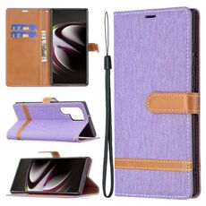 Per Samsung Galaxy S22 Ultra 5G Color Color Coloring Denim Texture Case in pelle con supporto e carte Slot & Portafoglio e cordino (viola)