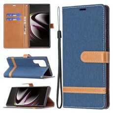 Per Samsung Galaxy S22 Ultra 5G Color Colour Coloring Denim Texture in pelle con titolare e carte Slot & Portafoglio e cordino (blu scuro)