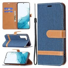 Per Samsung Galaxy S22 + 5G Color Color Indossimata Denim Texture Caso in pelle con supporto e carte Slot & Portafoglio e cordino (blu scuro)