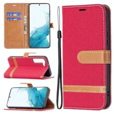 Per Samsung Galaxy S22 + 5G Color Colour Colour Denim Texture Case in pelle con supporto e carte Slot & Portafoglio e cordino (rosso)