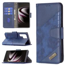 Per Samsung Galaxy S22 Ultra 5G Colore corrispondente Colore coccodrillo Texture in pelle con supporto e carta Slot e portafoglio (blu)