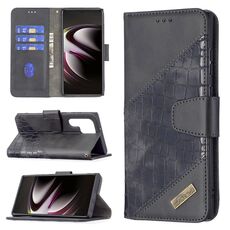 Per Samsung Galaxy S22 Ultra 5G Colore corrispondente Colore coccodrillo Texture in pelle Cassa del telefono con supporto e carte Slot & Portafoglio (nero)