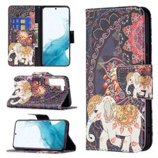 Per Samsung Galaxy S22 + 5G colorato modello di disegno orizzontale flip custodia in pelle con supporto e carte e portafoglio (fiori elefanti)