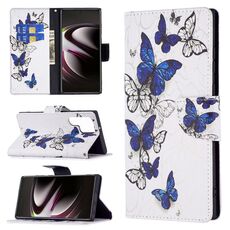 Per Samsung Galaxy S22 Ultra 5G Modello di disegno colorato in pelle orizzontale flip custodia in pelle con supporto e carte slot e portafoglio (farfalle blu)