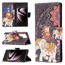 Per Samsung Galaxy S22 Ultra 5G colorato modello disegno orizzontale flip custodia in pelle con supporto e carte slot e portafoglio (fiori elefanti)