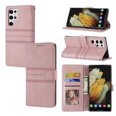 Per Samaung Galaxy S22 Ultra 5G in rilievo a righe a righe in rilievo orizzontale flip custodia in pelle (rosa)