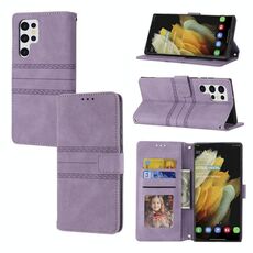 Per Samaung Galaxy S22 Ultra 5G in rilievo a righe in rilievo in pelle orizzontale flip custodia in pelle (viola)